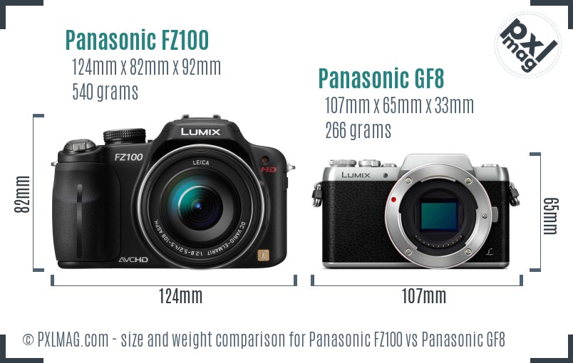 Panasonic FZ100 vs Panasonic GF8 size comparison