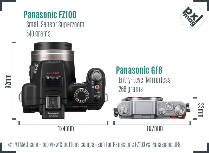 Panasonic FZ100 vs Panasonic GF8 top view buttons comparison