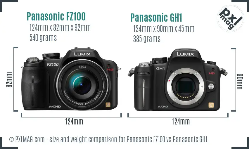 Panasonic FZ100 vs Panasonic GH1 size comparison