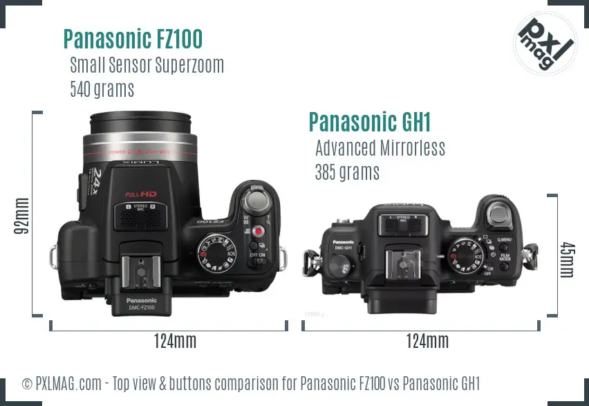 Panasonic FZ100 vs Panasonic GH1 top view buttons comparison