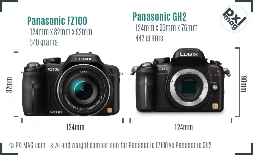 Panasonic FZ100 vs Panasonic GH2 size comparison