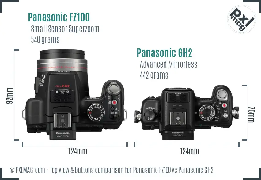 Panasonic FZ100 vs Panasonic GH2 top view buttons comparison