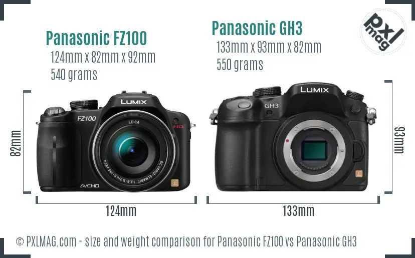 Panasonic FZ100 vs Panasonic GH3 size comparison