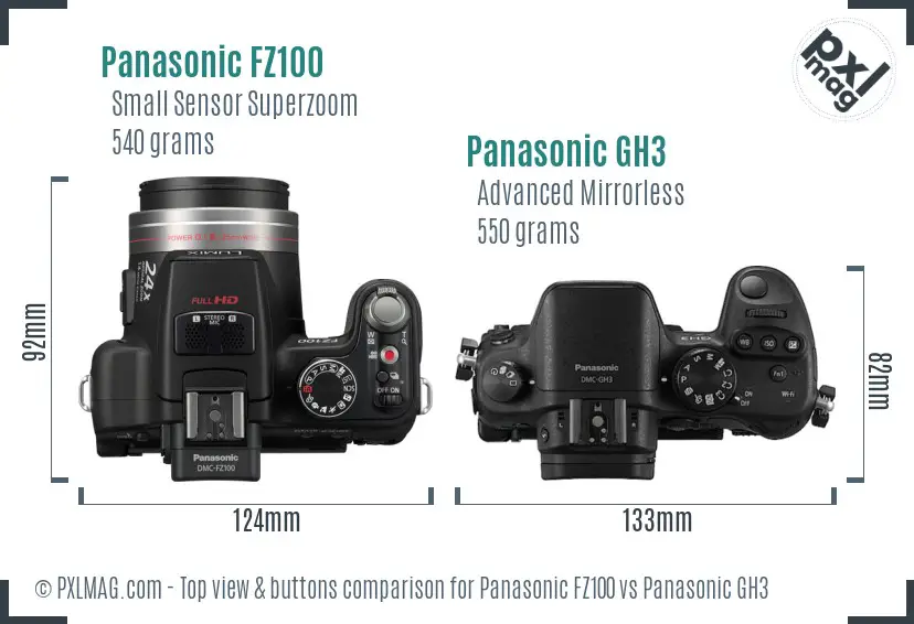 Panasonic FZ100 vs Panasonic GH3 top view buttons comparison