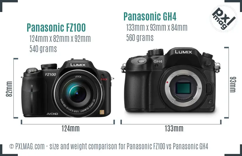 Panasonic FZ100 vs Panasonic GH4 size comparison