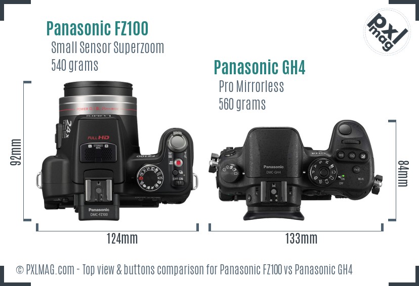 Panasonic FZ100 vs Panasonic GH4 top view buttons comparison