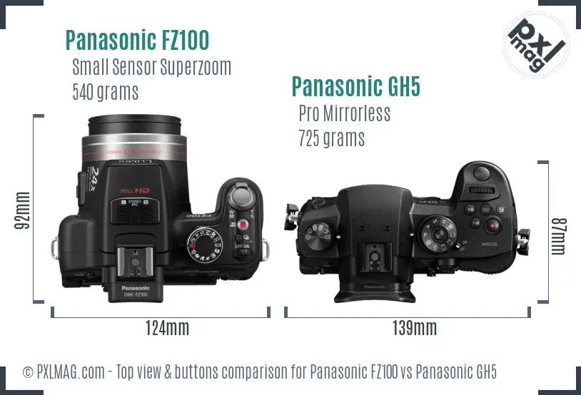 Panasonic FZ100 vs Panasonic GH5 top view buttons comparison