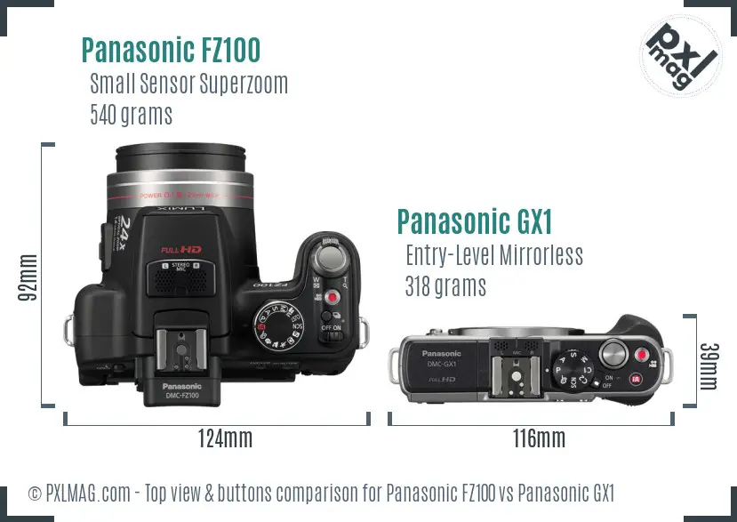 Panasonic FZ100 vs Panasonic GX1 top view buttons comparison