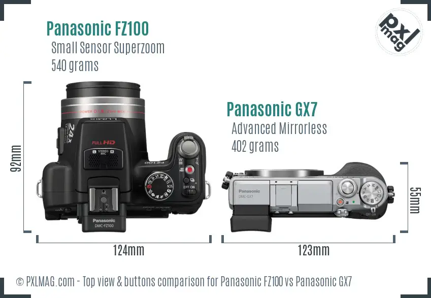 Panasonic FZ100 vs Panasonic GX7 top view buttons comparison