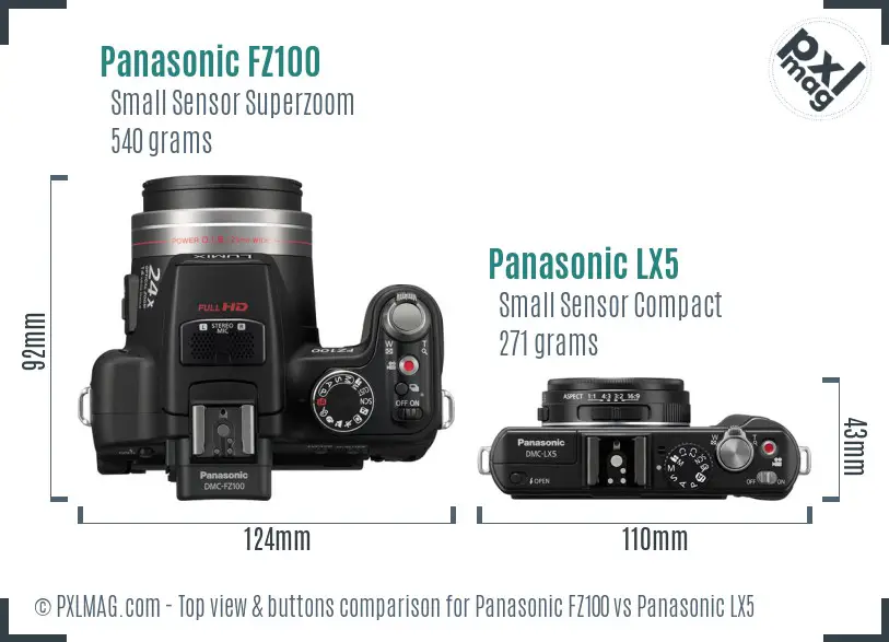 Panasonic FZ100 vs Panasonic LX5 top view buttons comparison