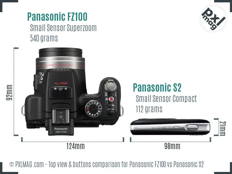 Panasonic FZ100 vs Panasonic S2 top view buttons comparison