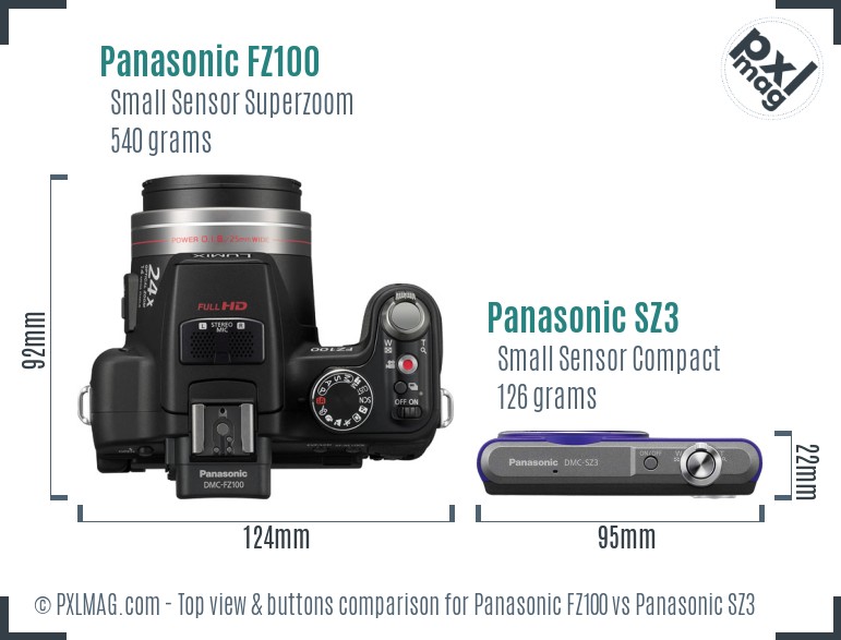 Panasonic FZ100 vs Panasonic SZ3 top view buttons comparison