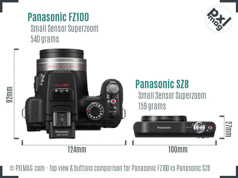 Panasonic FZ100 vs Panasonic SZ8 top view buttons comparison