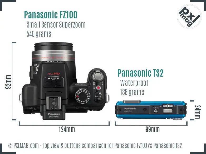 Panasonic FZ100 vs Panasonic TS2 top view buttons comparison