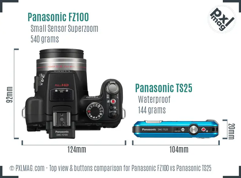 Panasonic FZ100 vs Panasonic TS25 top view buttons comparison