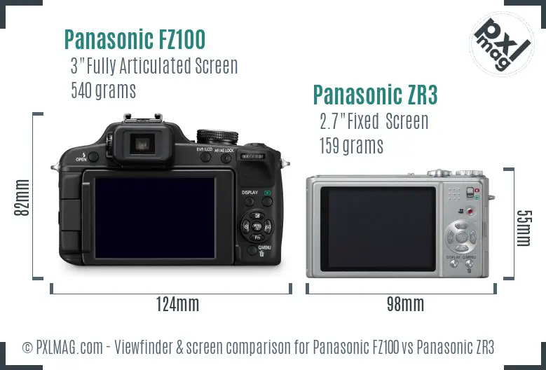 Panasonic FZ100 vs Panasonic ZR3 Screen and Viewfinder comparison