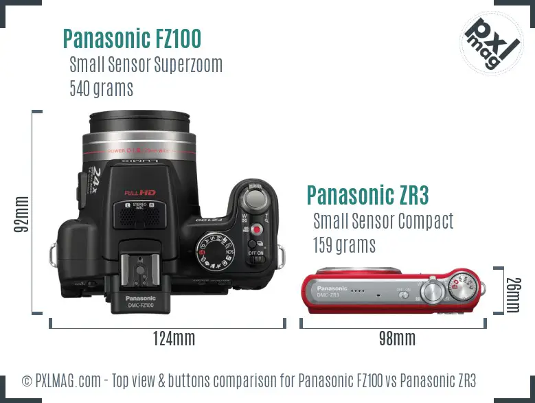 Panasonic FZ100 vs Panasonic ZR3 top view buttons comparison