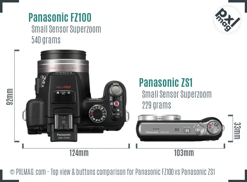 Panasonic FZ100 vs Panasonic ZS1 top view buttons comparison