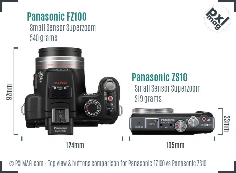 Panasonic FZ100 vs Panasonic ZS10 top view buttons comparison