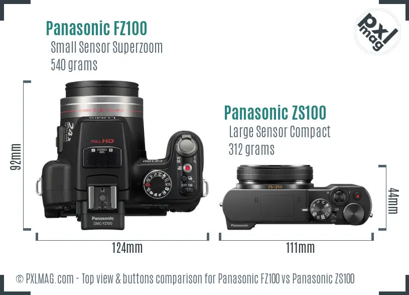 Panasonic FZ100 vs Panasonic ZS100 top view buttons comparison