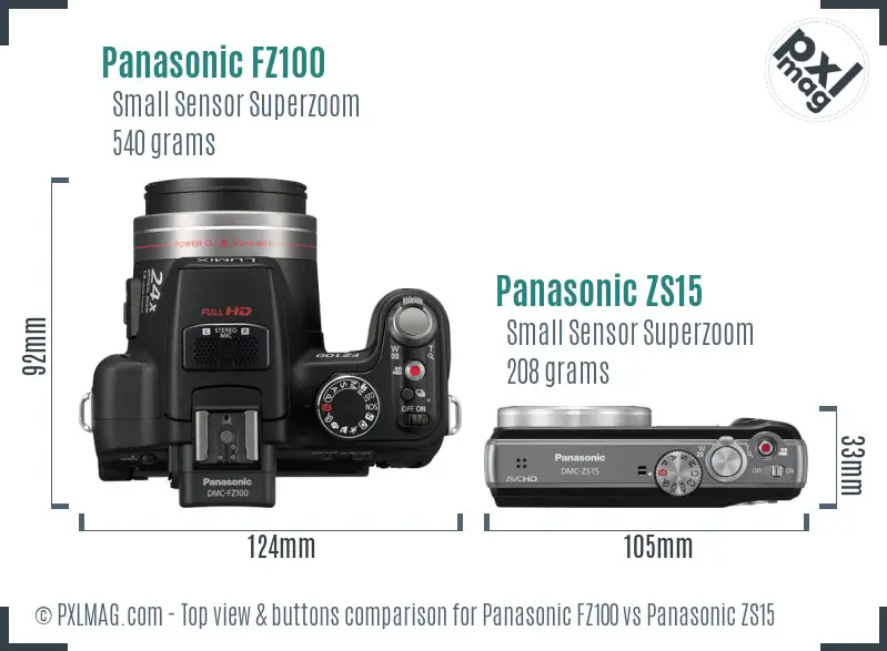 Panasonic FZ100 vs Panasonic ZS15 top view buttons comparison