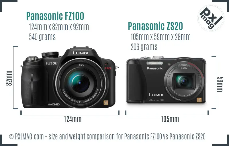 Panasonic FZ100 vs Panasonic ZS20 size comparison
