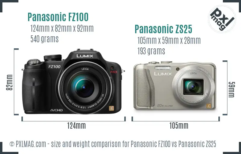 Panasonic FZ100 vs Panasonic ZS25 size comparison