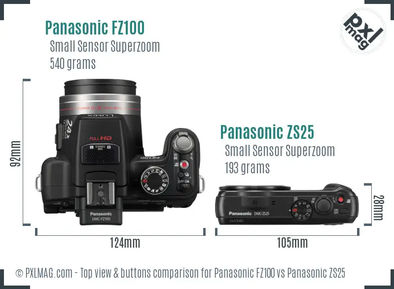 Panasonic FZ100 vs Panasonic ZS25 top view buttons comparison