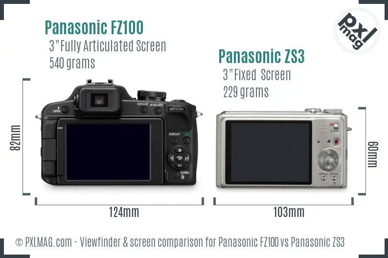 Panasonic FZ100 vs Panasonic ZS3 Screen and Viewfinder comparison