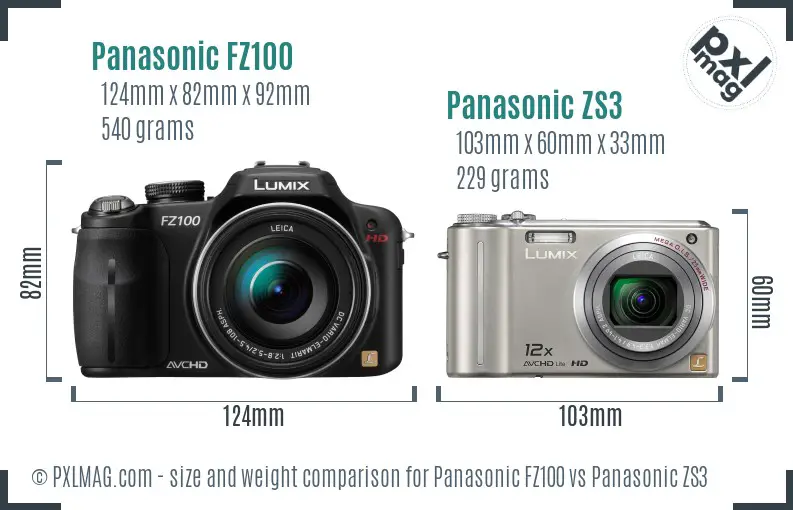 Panasonic FZ100 vs Panasonic ZS3 size comparison