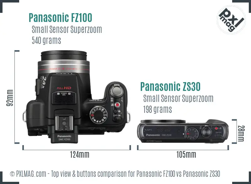 Panasonic FZ100 vs Panasonic ZS30 top view buttons comparison