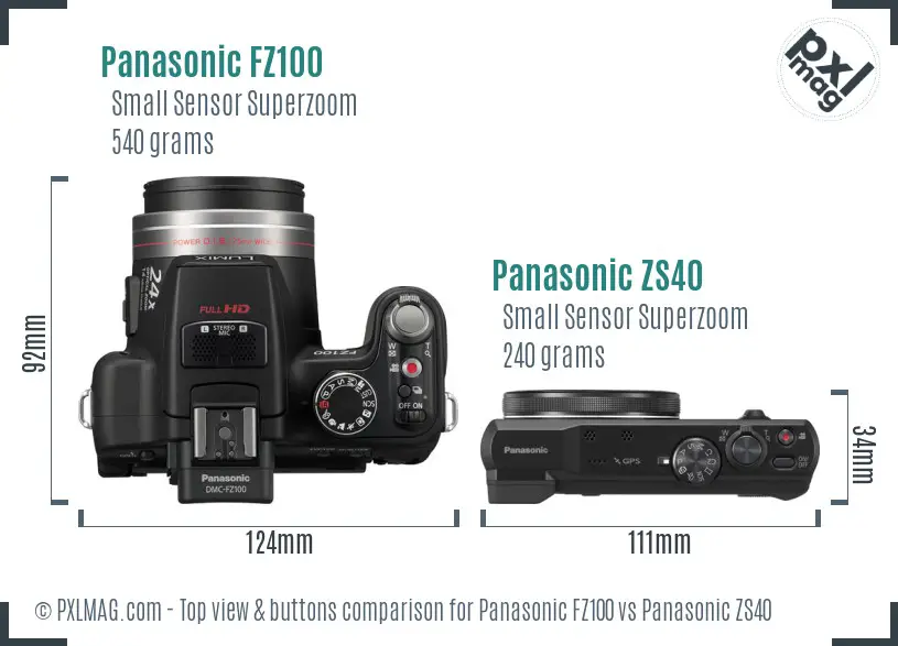 Panasonic FZ100 vs Panasonic ZS40 top view buttons comparison