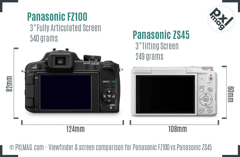 Panasonic FZ100 vs Panasonic ZS45 Screen and Viewfinder comparison