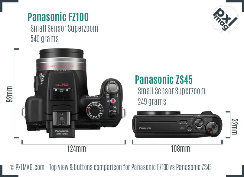 Panasonic FZ100 vs Panasonic ZS45 top view buttons comparison