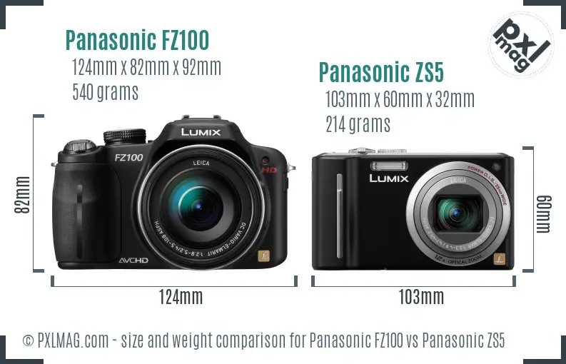 Panasonic FZ100 vs Panasonic ZS5 size comparison