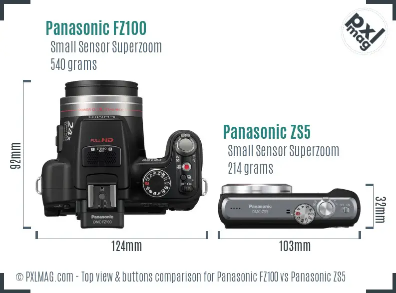 Panasonic FZ100 vs Panasonic ZS5 top view buttons comparison