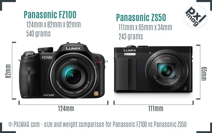 Panasonic FZ100 vs Panasonic ZS50 size comparison