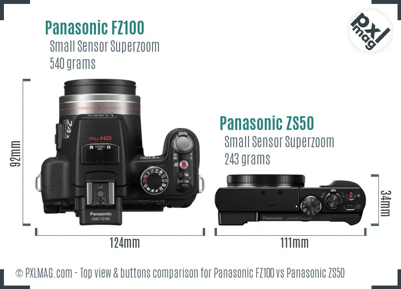 Panasonic FZ100 vs Panasonic ZS50 top view buttons comparison