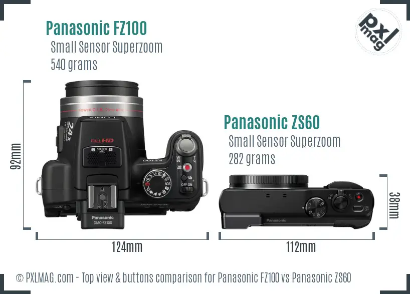 Panasonic FZ100 vs Panasonic ZS60 top view buttons comparison