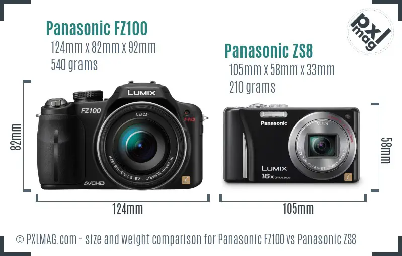 Panasonic FZ100 vs Panasonic ZS8 size comparison
