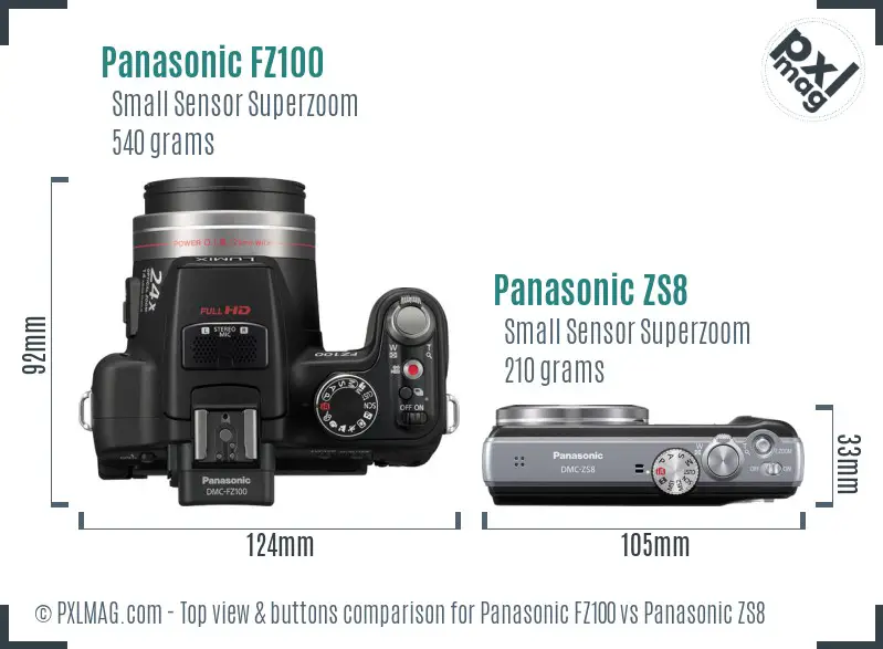 Panasonic FZ100 vs Panasonic ZS8 top view buttons comparison