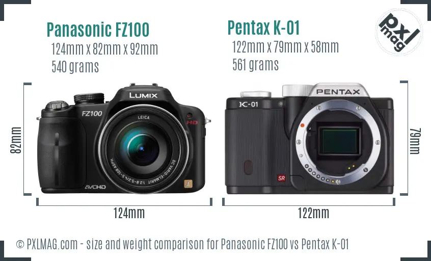 Panasonic FZ100 vs Pentax K-01 size comparison