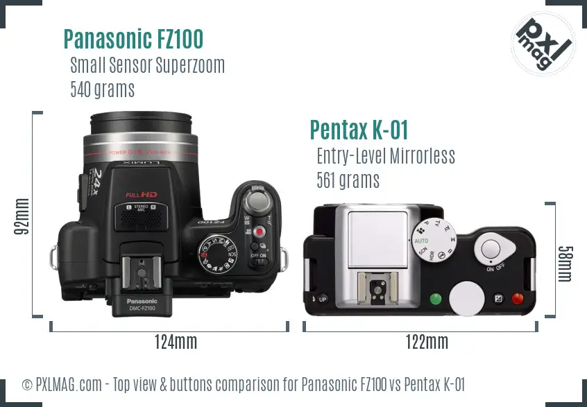 Panasonic FZ100 vs Pentax K-01 top view buttons comparison
