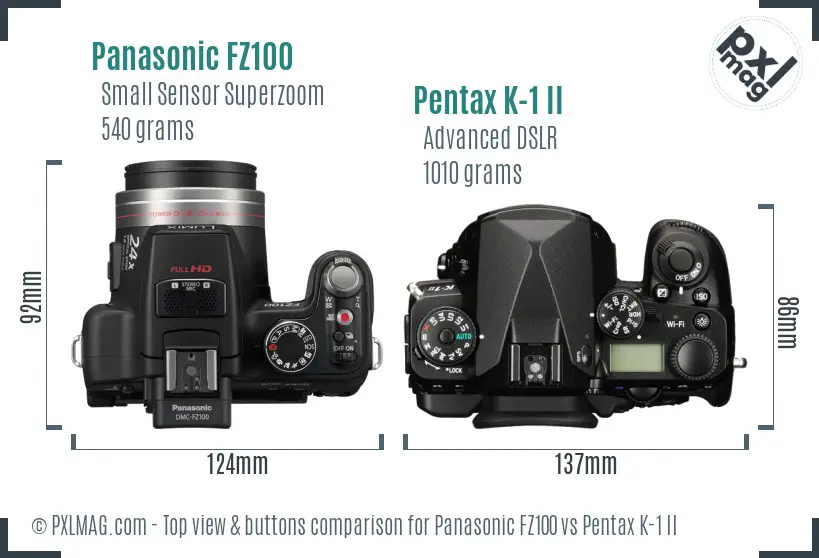 Panasonic FZ100 vs Pentax K-1 II top view buttons comparison