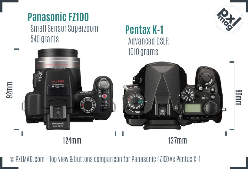 Panasonic FZ100 vs Pentax K-1 top view buttons comparison