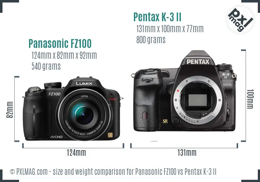 Panasonic FZ100 vs Pentax K-3 II size comparison