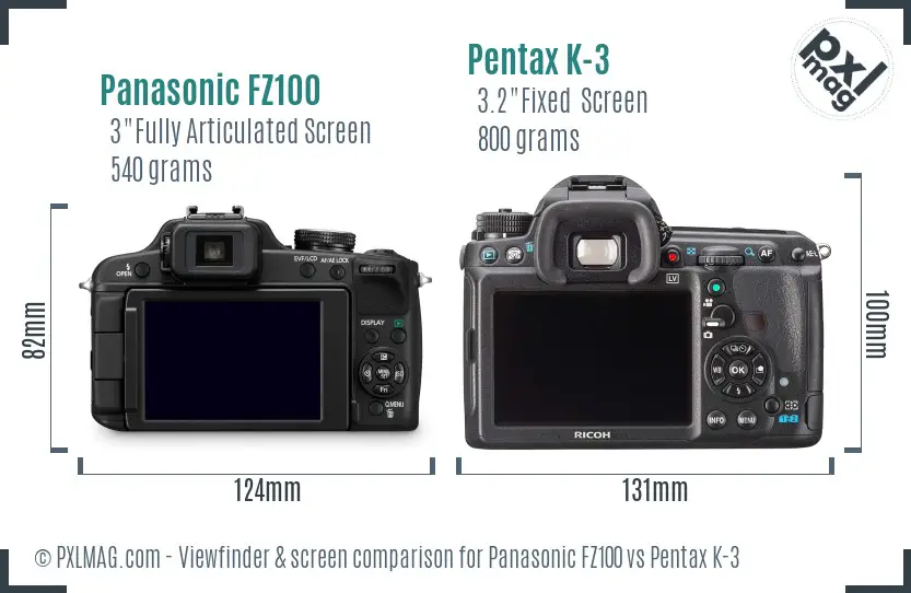 Panasonic FZ100 vs Pentax K-3 Screen and Viewfinder comparison