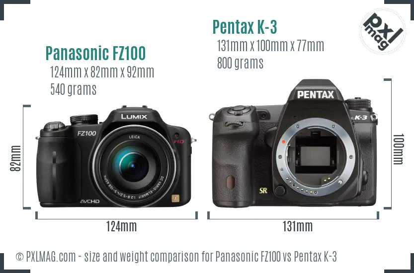 Panasonic FZ100 vs Pentax K-3 size comparison