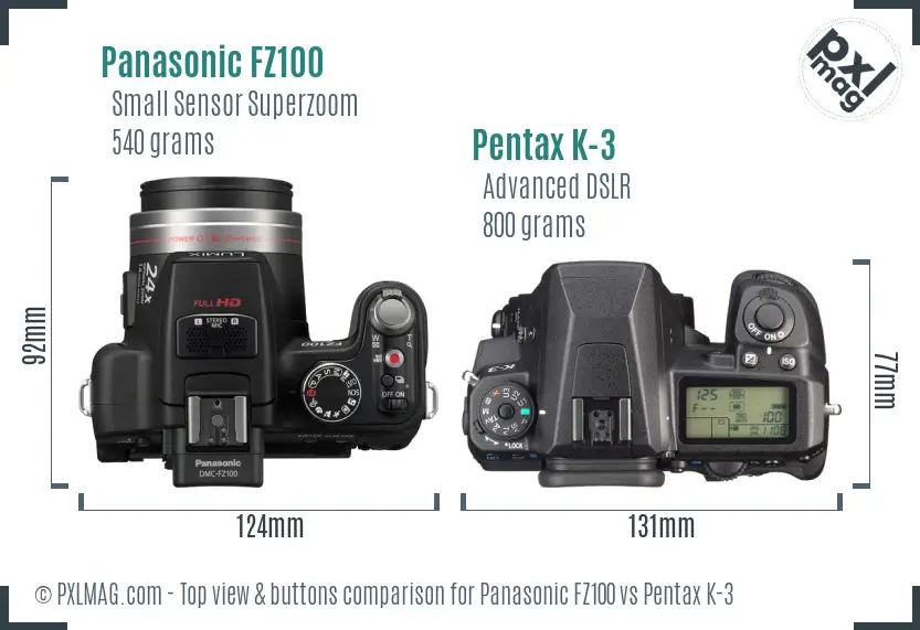 Panasonic FZ100 vs Pentax K-3 top view buttons comparison