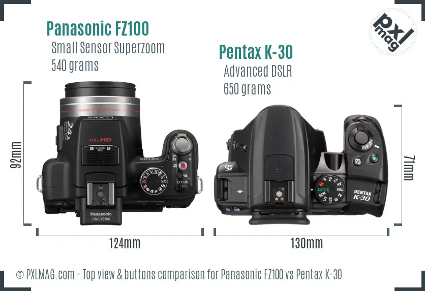 Panasonic FZ100 vs Pentax K-30 top view buttons comparison